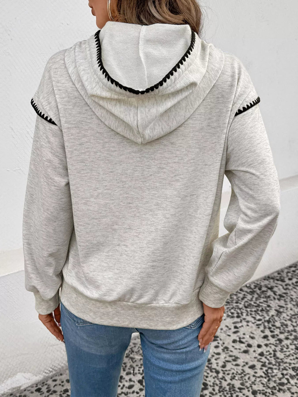 Contrast Trim Drawstring Hoodie with Kangaroo Pocket - ELC Fashion