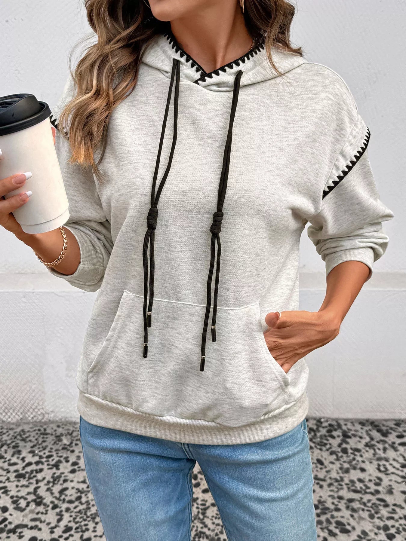 Contrast Trim Drawstring Hoodie with Kangaroo Pocket - ELC Fashion