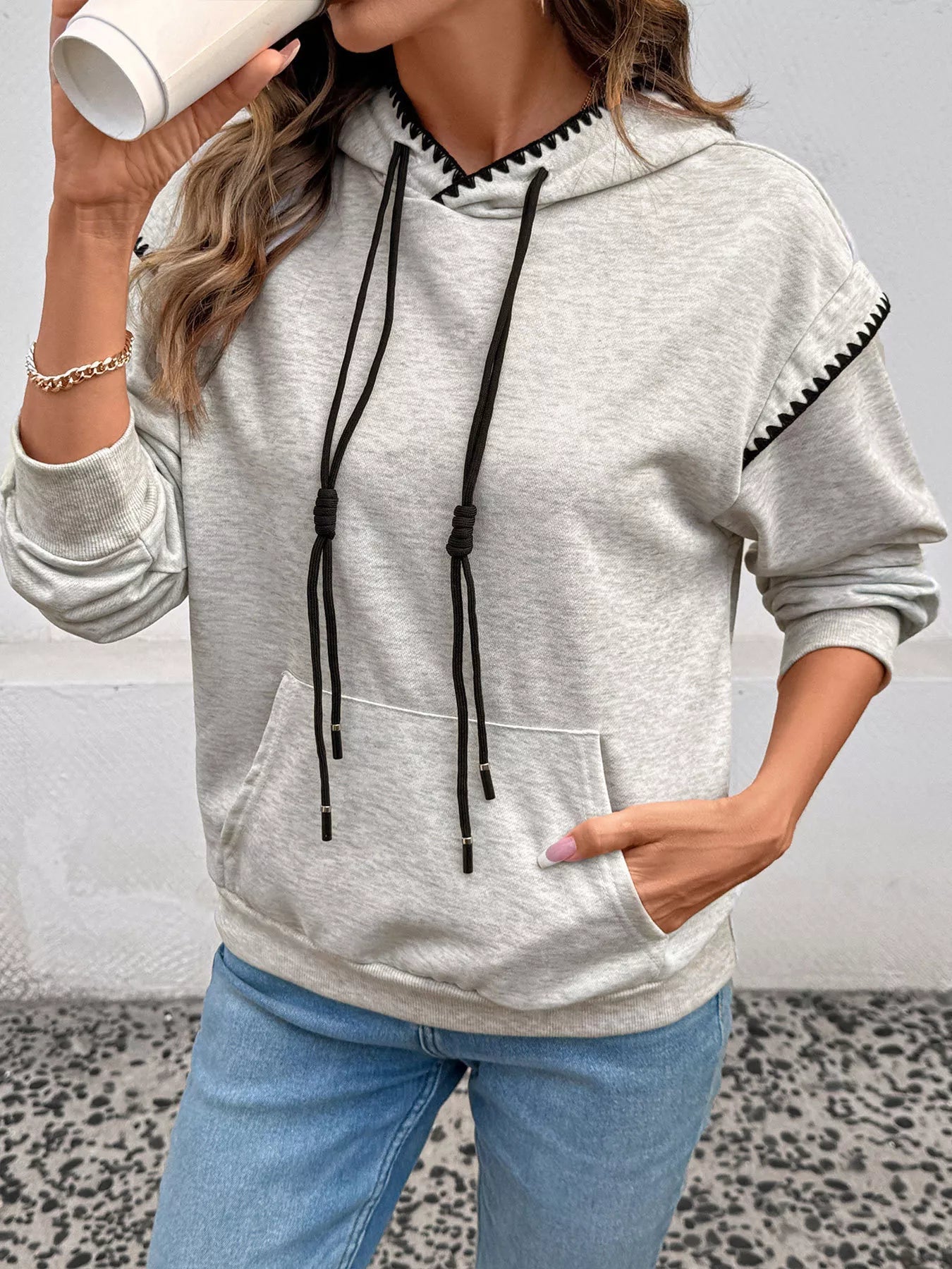 Contrast Trim Drawstring Hoodie with Kangaroo Pocket - ELC Fashion