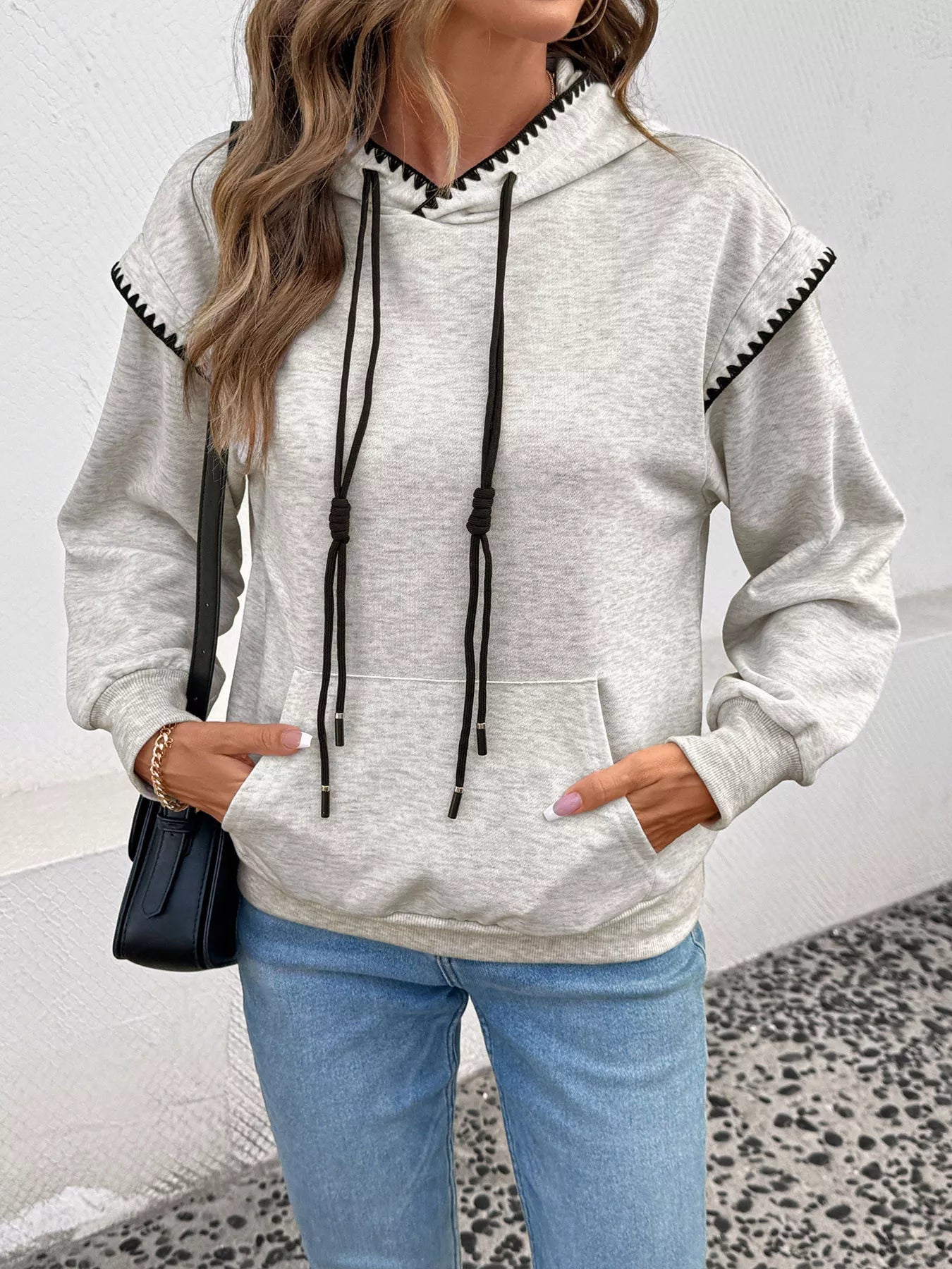 Contrast Trim Drawstring Hoodie with Kangaroo Pocket - ELC Fashion