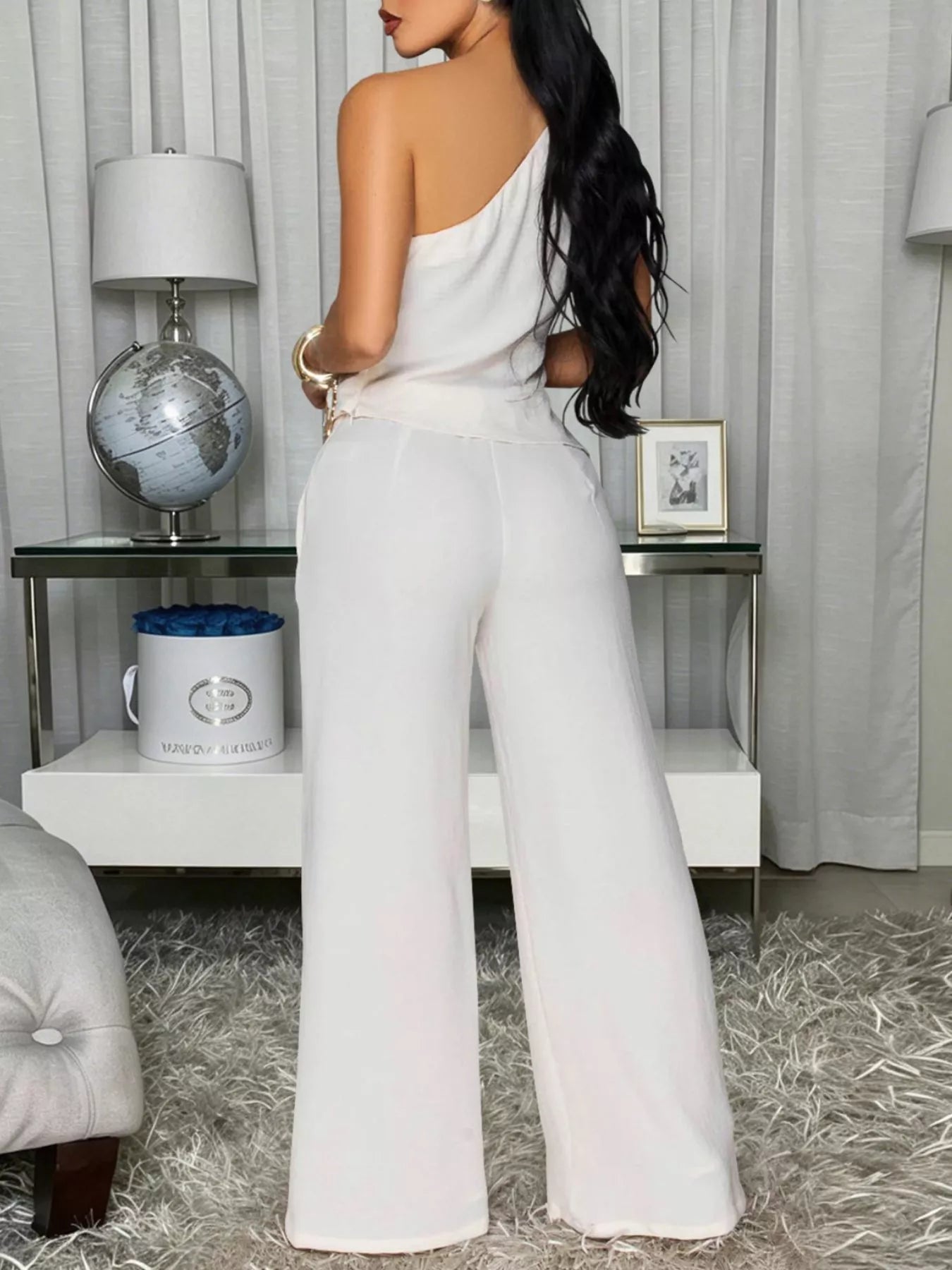 One shoulder top and wide leg pants set asymmetrical design