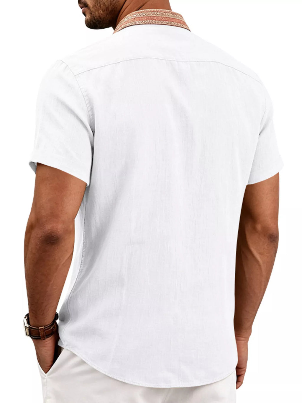 Men's plus size short sleeve linen shirt button detail