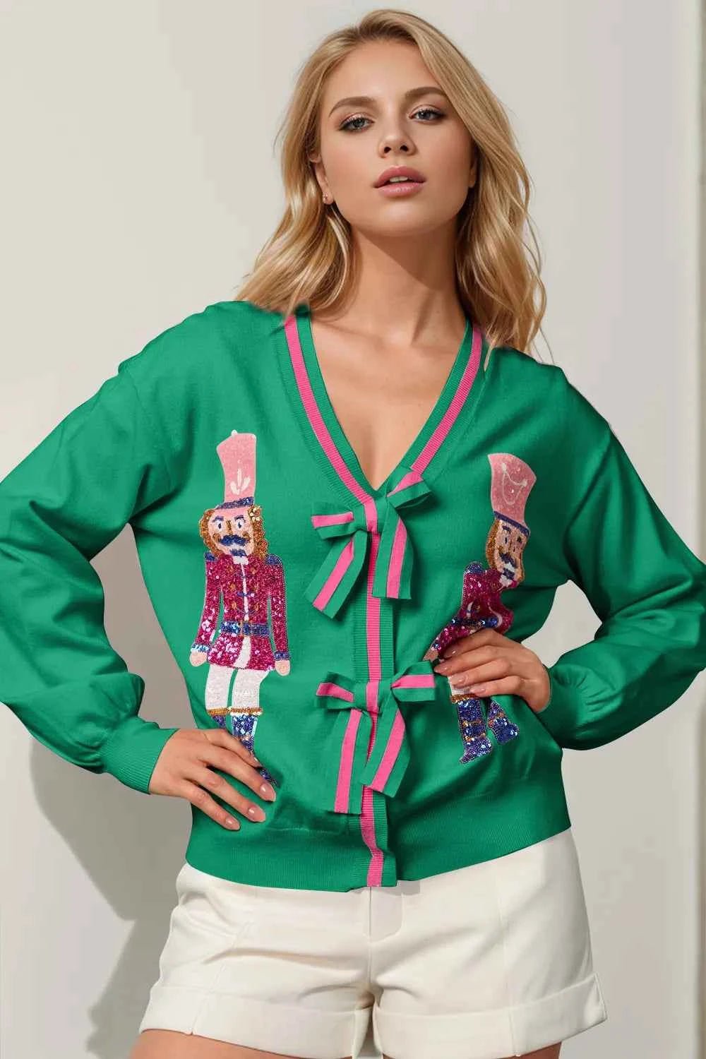 Double Take Full Size Nutcracker Sequin Bow Decor Cardigan - ELC Fashion