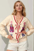 Double Take Full Size Nutcracker Sequin Bow Decor Cardigan - ELC Fashion