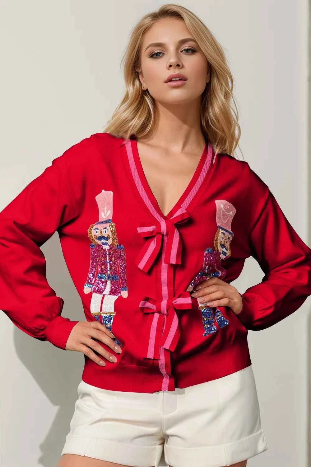 Double Take Full Size Nutcracker Sequin Bow Decor Cardigan - ELC Fashion