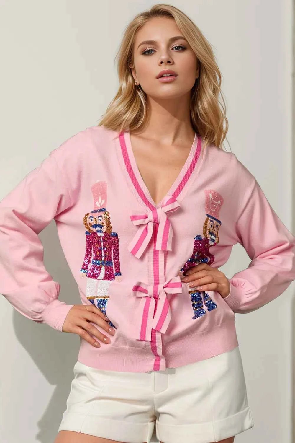 Double Take Full Size Nutcracker Sequin Bow Decor Cardigan - ELC Fashion