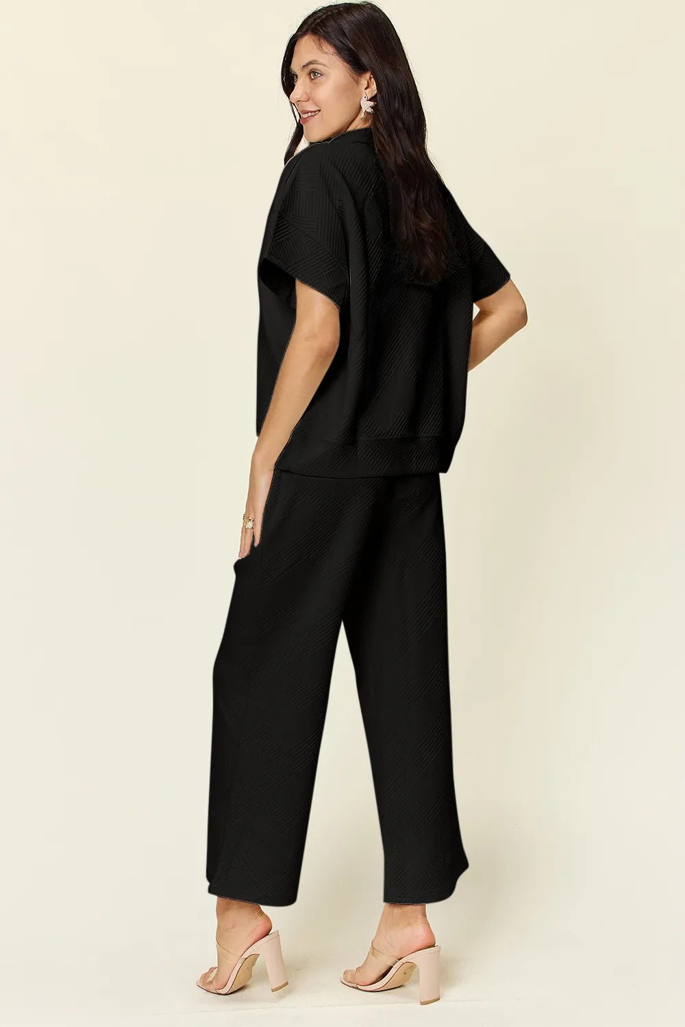 Double Take Full Size Texture Half Zip Short Sleeve Top and Pants Set - ELC Fashion