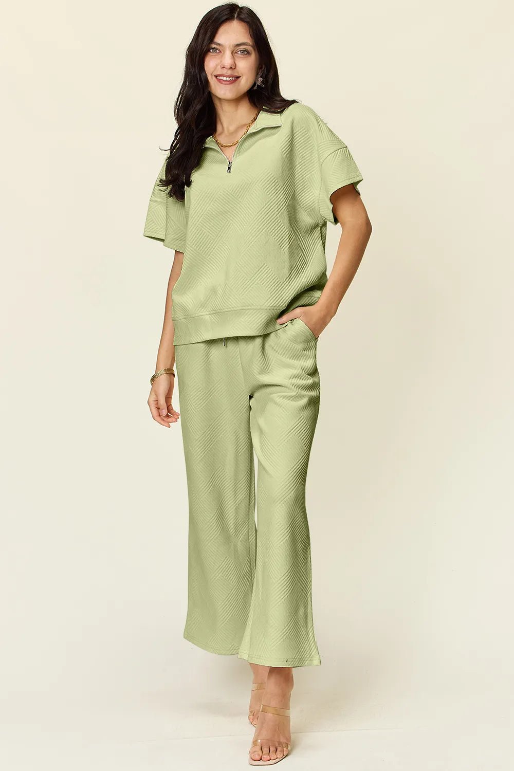 Double Take Full Size Texture Half Zip Short Sleeve Top and Pants Set - ELC Fashion
