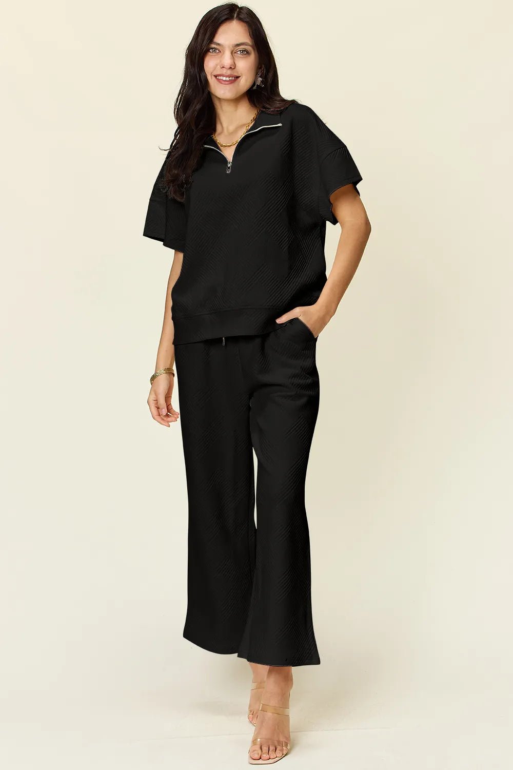 Double Take Full Size Texture Half Zip Short Sleeve Top and Pants Set - ELC Fashion