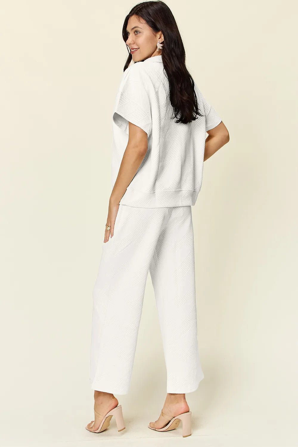 Double Take Full Size Texture Half Zip Short Sleeve Top and Pants Set - ELC Fashion