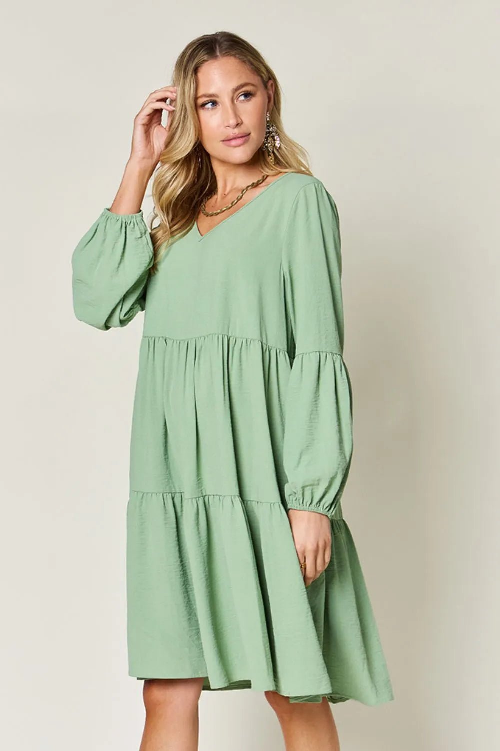 Double Take Full Size V - Neck Balloon Sleeve Tiered Dress with Pockets - ELC Fashion