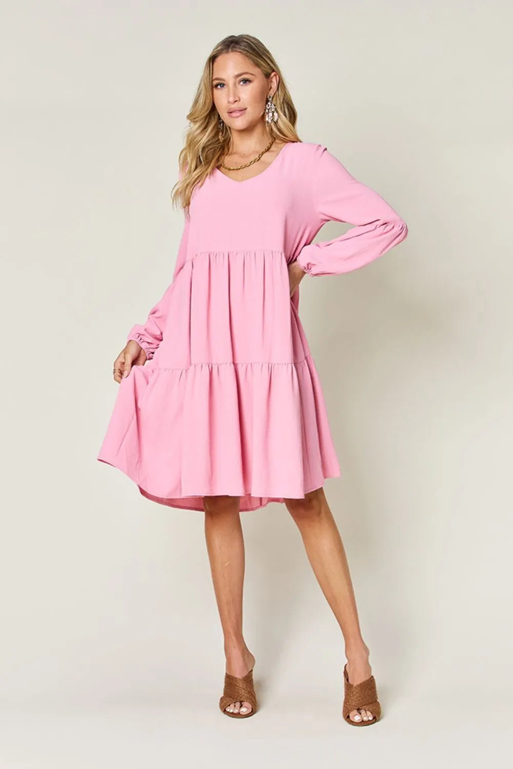 Double Take Full Size V - Neck Balloon Sleeve Tiered Dress with Pockets - ELC Fashion