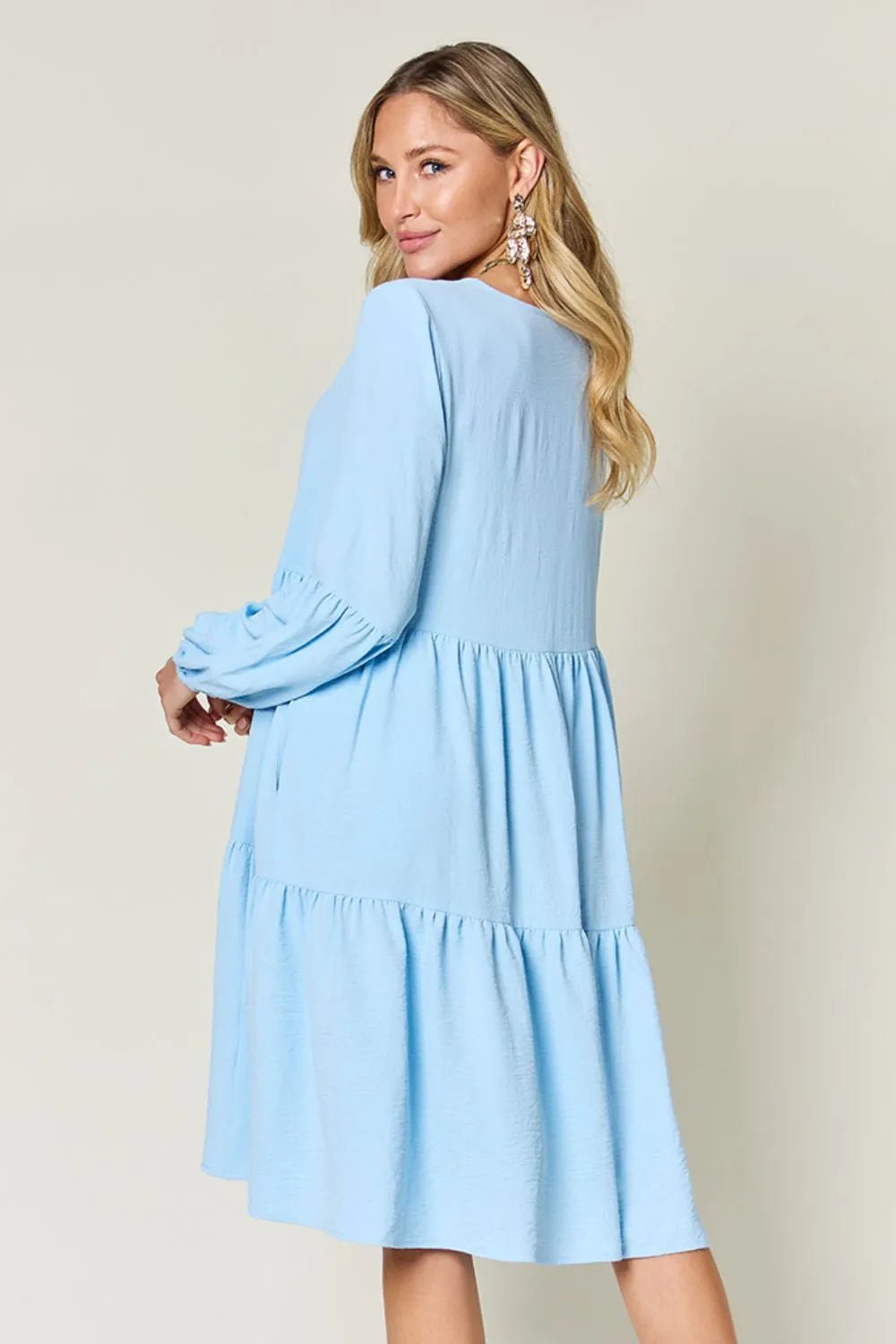 Double Take Full Size V - Neck Balloon Sleeve Tiered Dress with Pockets - ELC Fashion