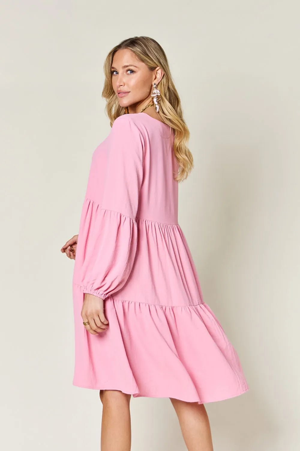 Double Take Full Size V - Neck Balloon Sleeve Tiered Dress with Pockets - ELC Fashion