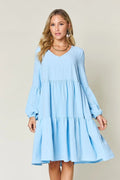 Double Take Full Size V - Neck Balloon Sleeve Tiered Dress with Pockets - ELC Fashion