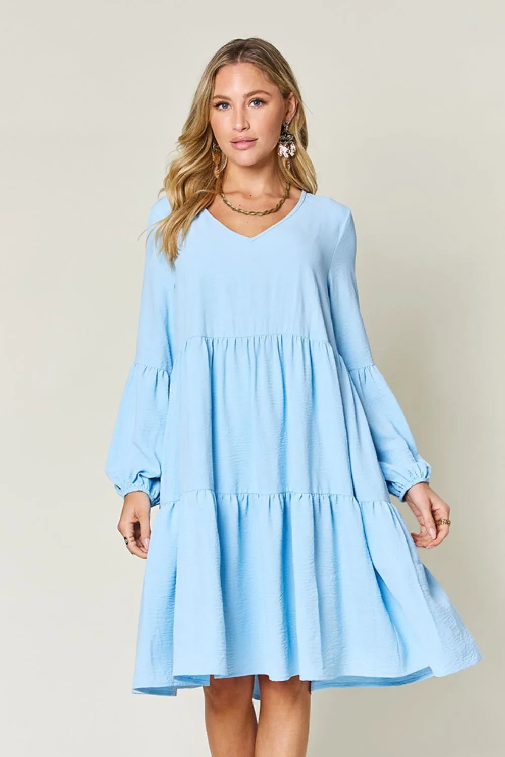 Double Take Full Size V - Neck Balloon Sleeve Tiered Dress with Pockets - ELC Fashion