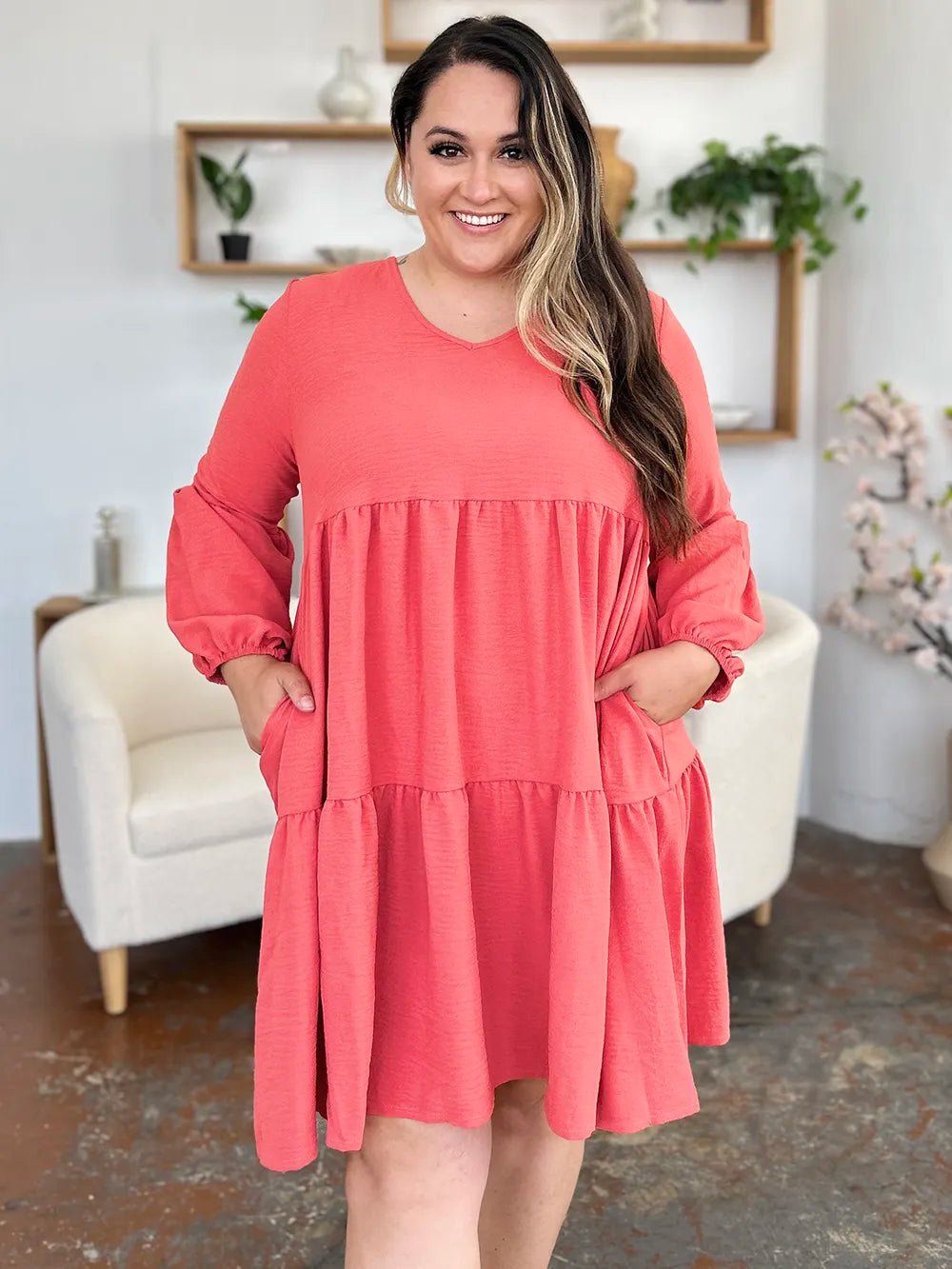 Double Take Full Size V - Neck Balloon Sleeve Tiered Dress with Pockets - ELC Fashion