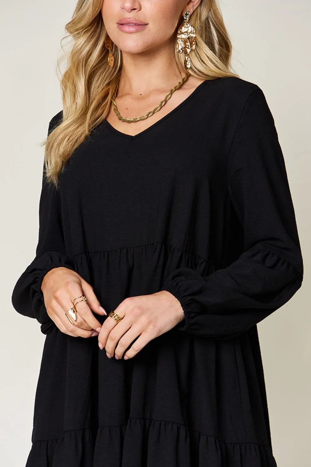 Double Take Full Size V - Neck Balloon Sleeve Tiered Dress with Pockets - ELC Fashion