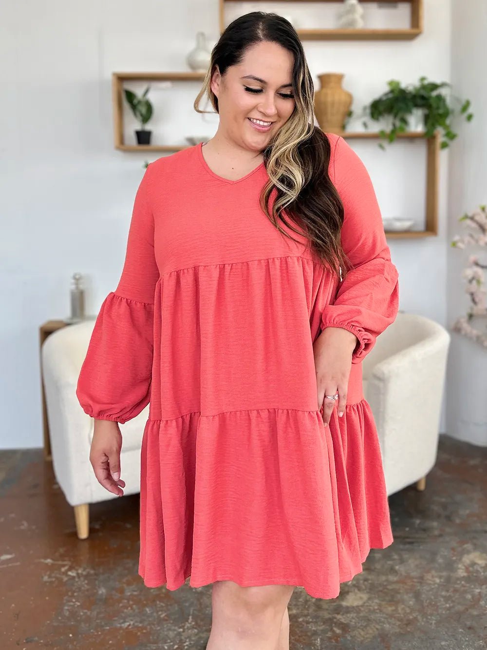 Double Take Full Size V - Neck Balloon Sleeve Tiered Dress with Pockets - ELC Fashion