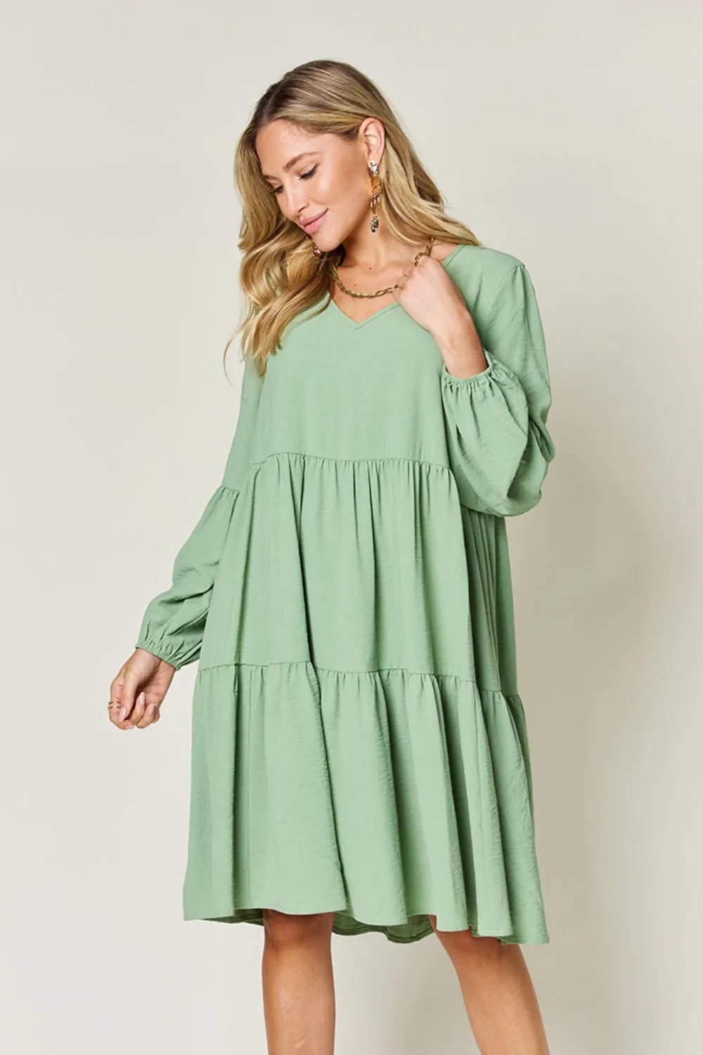 Double Take Full Size V - Neck Balloon Sleeve Tiered Dress with Pockets - ELC Fashion