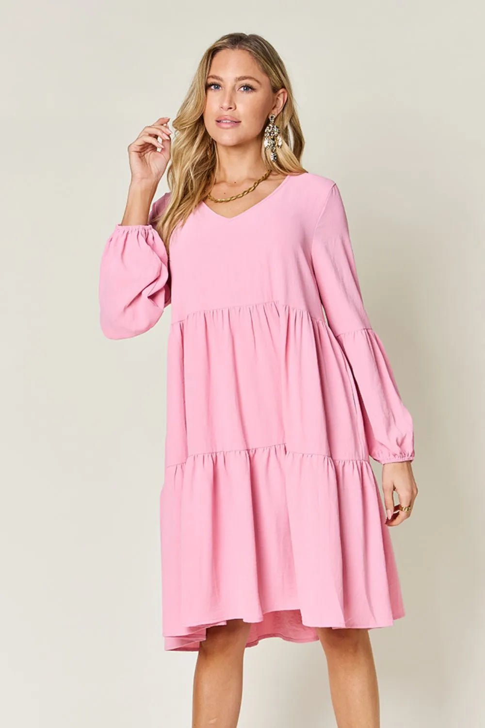 Double Take Full Size V - Neck Balloon Sleeve Tiered Dress with Pockets - ELC Fashion