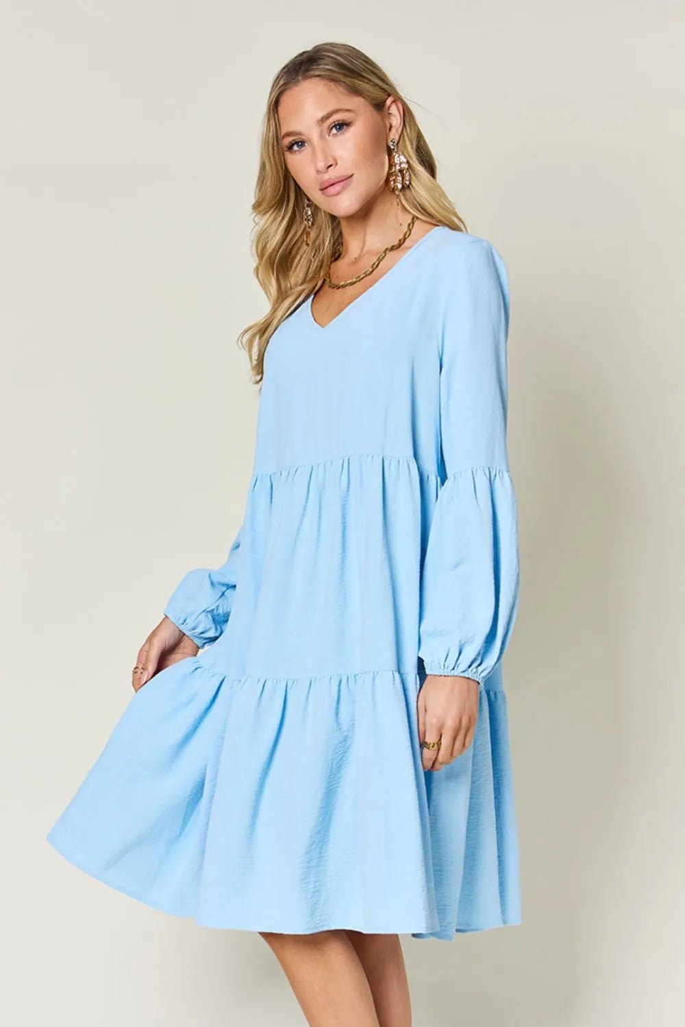 Double Take Full Size V - Neck Balloon Sleeve Tiered Dress with Pockets - ELC Fashion