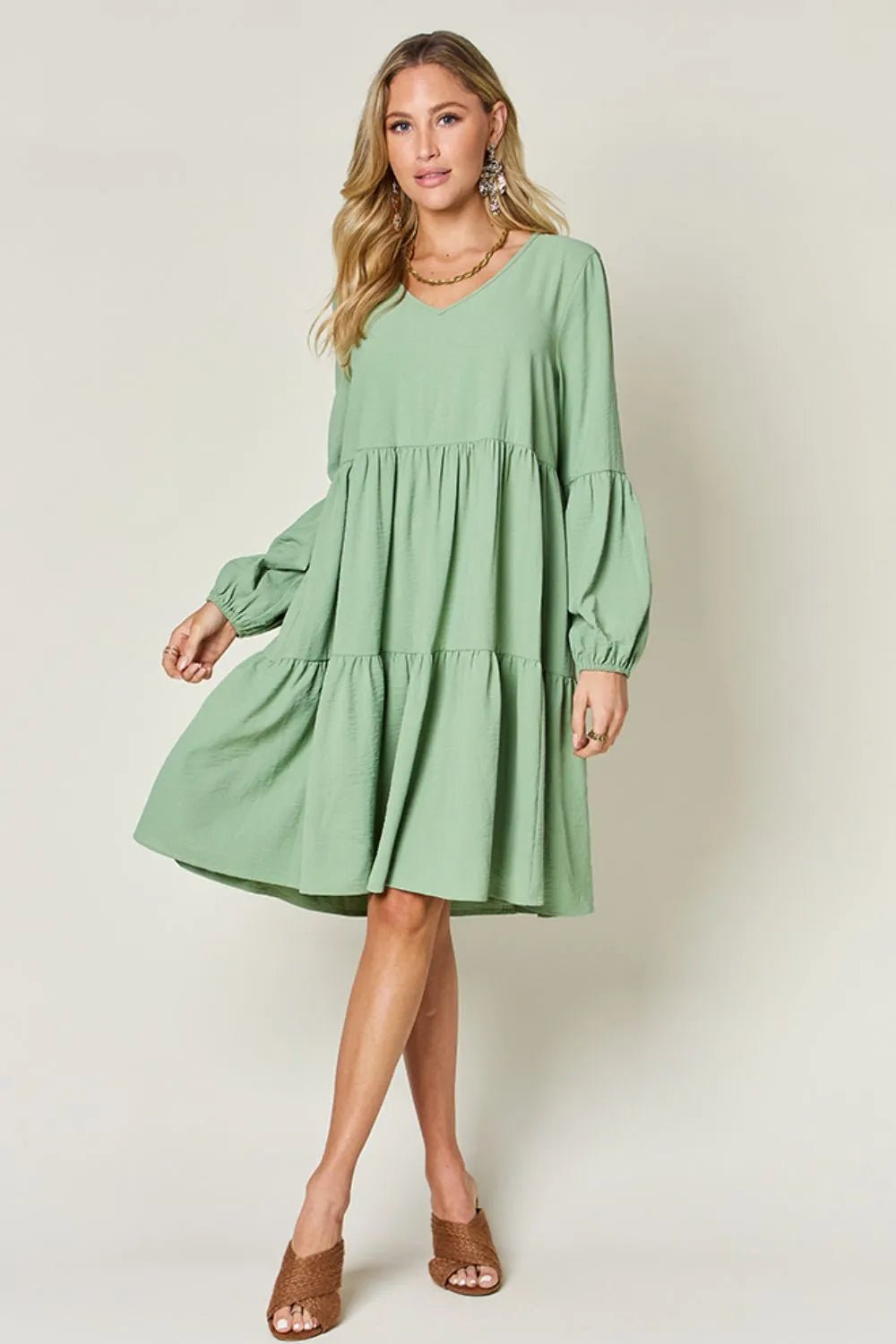 Double Take Full Size V - Neck Balloon Sleeve Tiered Dress with Pockets - ELC Fashion