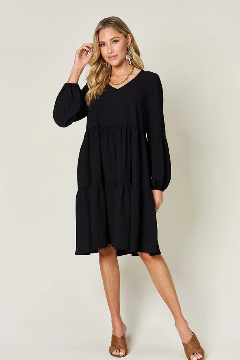 Double Take Full Size V - Neck Balloon Sleeve Tiered Dress with Pockets - ELC Fashion