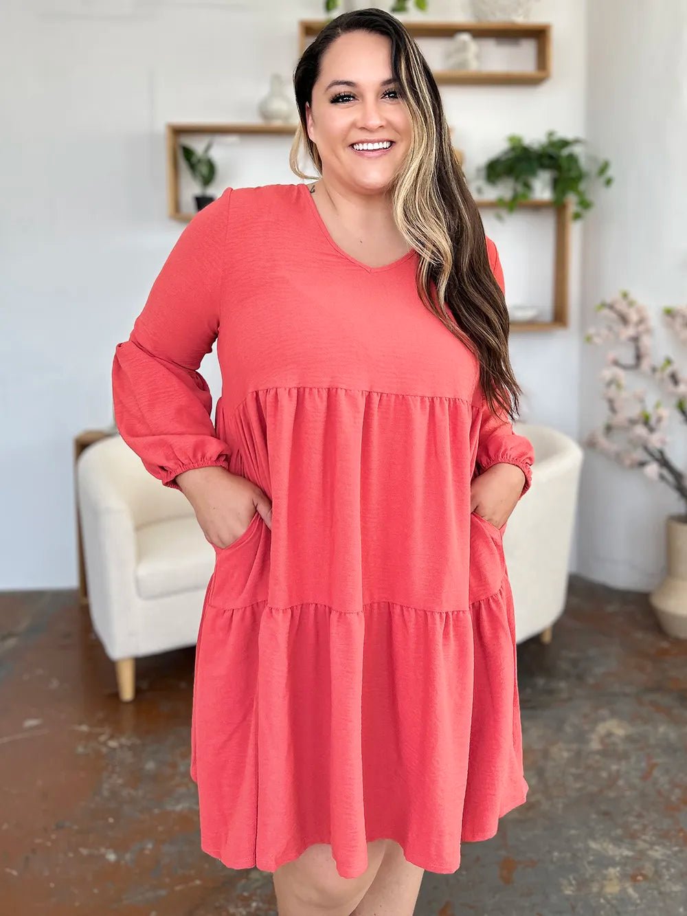 Double Take Full Size V - Neck Balloon Sleeve Tiered Dress with Pockets - ELC Fashion