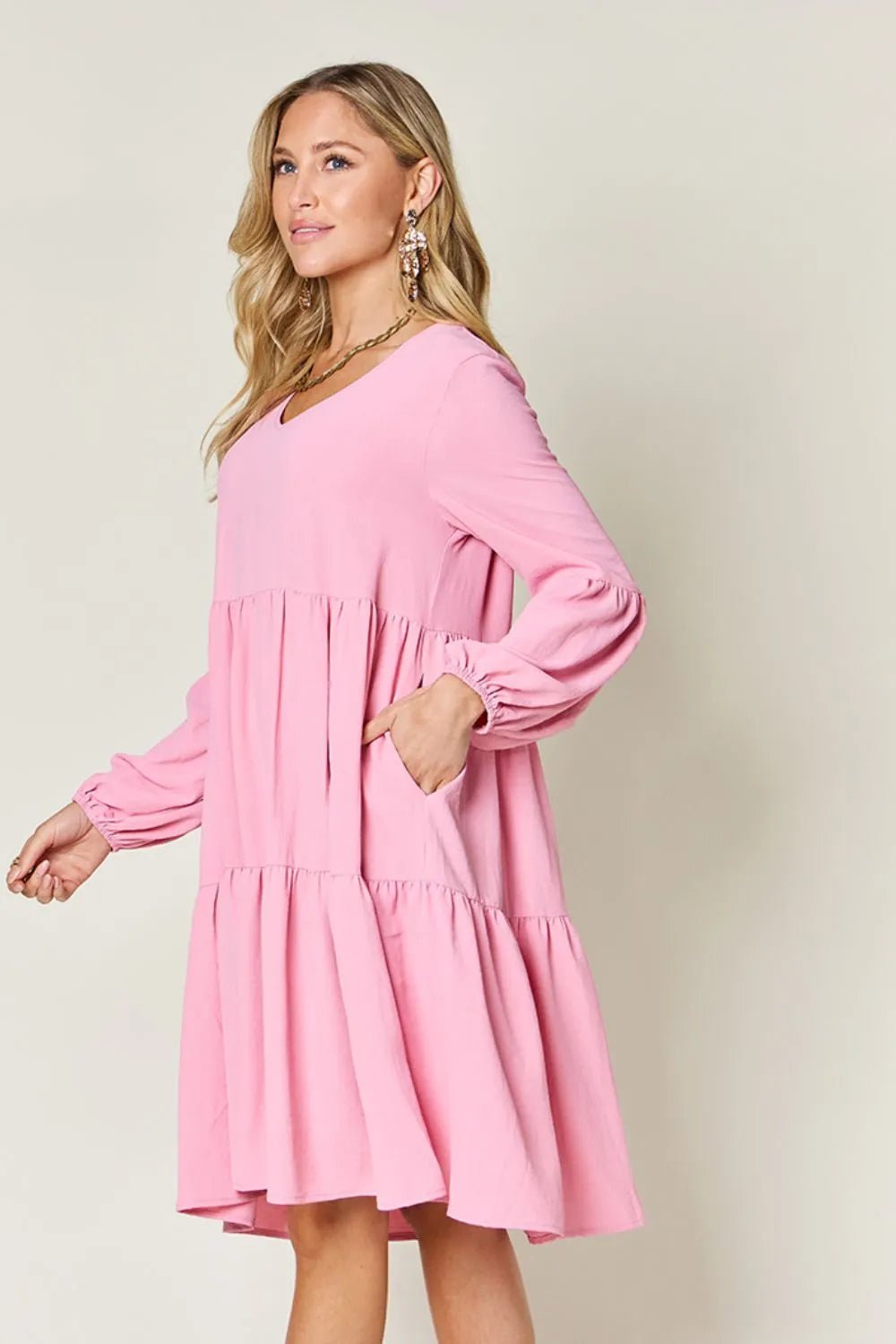 Double Take Full Size V - Neck Balloon Sleeve Tiered Dress with Pockets - ELC Fashion