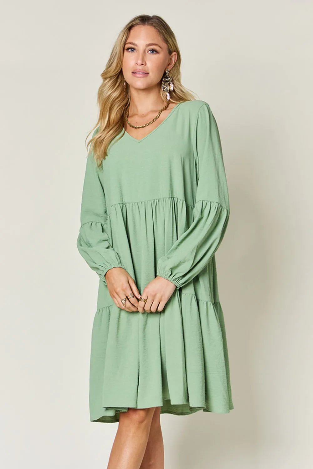 Double Take Full Size V - Neck Balloon Sleeve Tiered Dress with Pockets - ELC Fashion