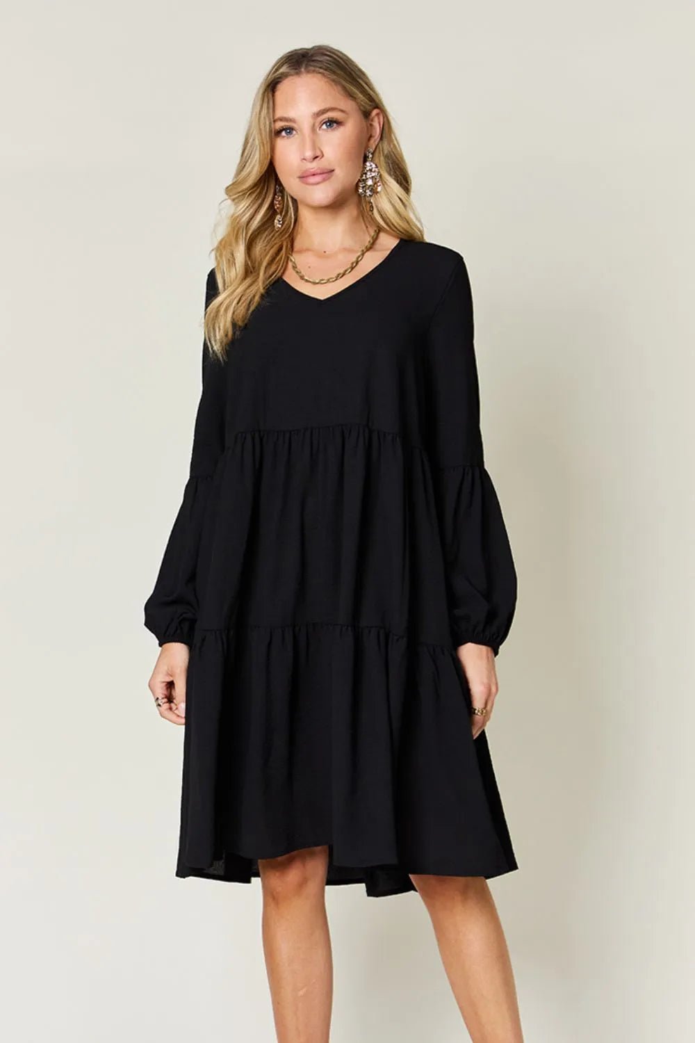 Double Take Full Size V - Neck Balloon Sleeve Tiered Dress with Pockets - ELC Fashion