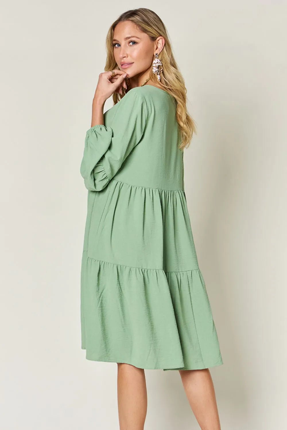 Double Take Full Size V - Neck Balloon Sleeve Tiered Dress with Pockets - ELC Fashion