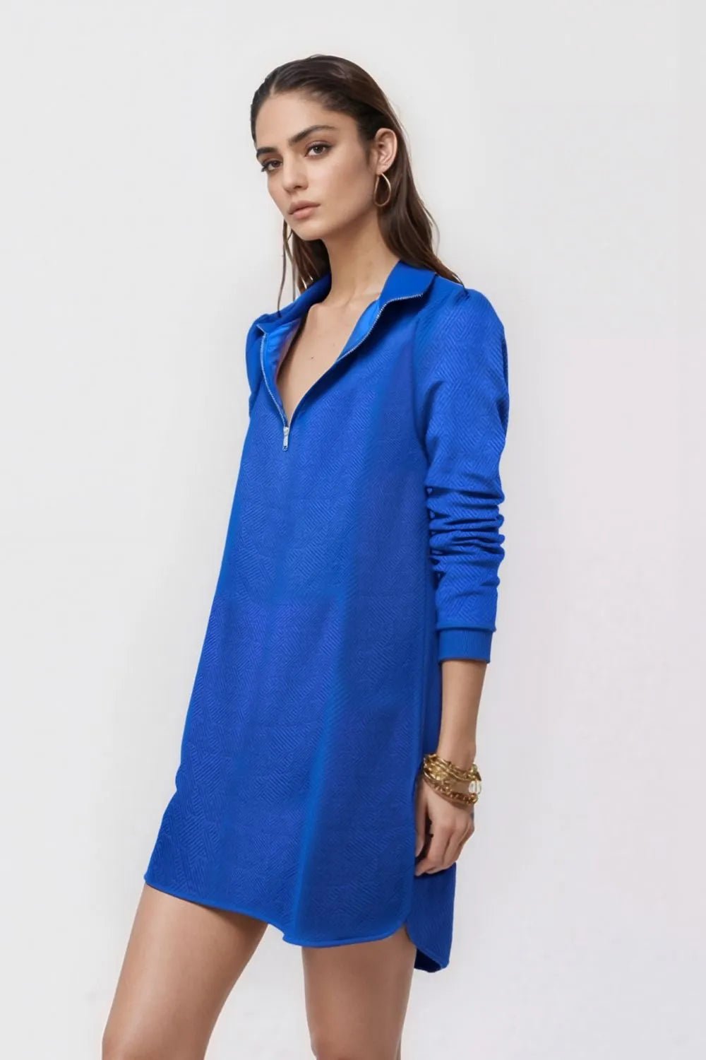 Double Take Textured Quarter Zip Long Sleeve Dress - ELC Fashion