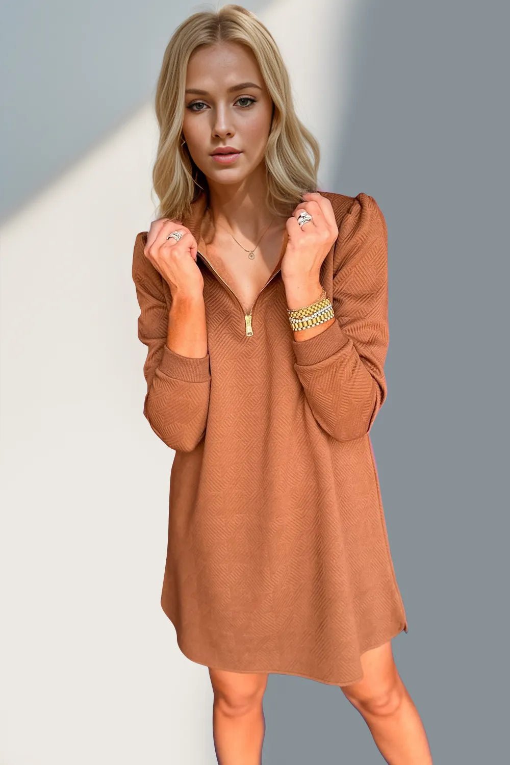 Double Take Textured Quarter Zip Long Sleeve Dress - ELC Fashion