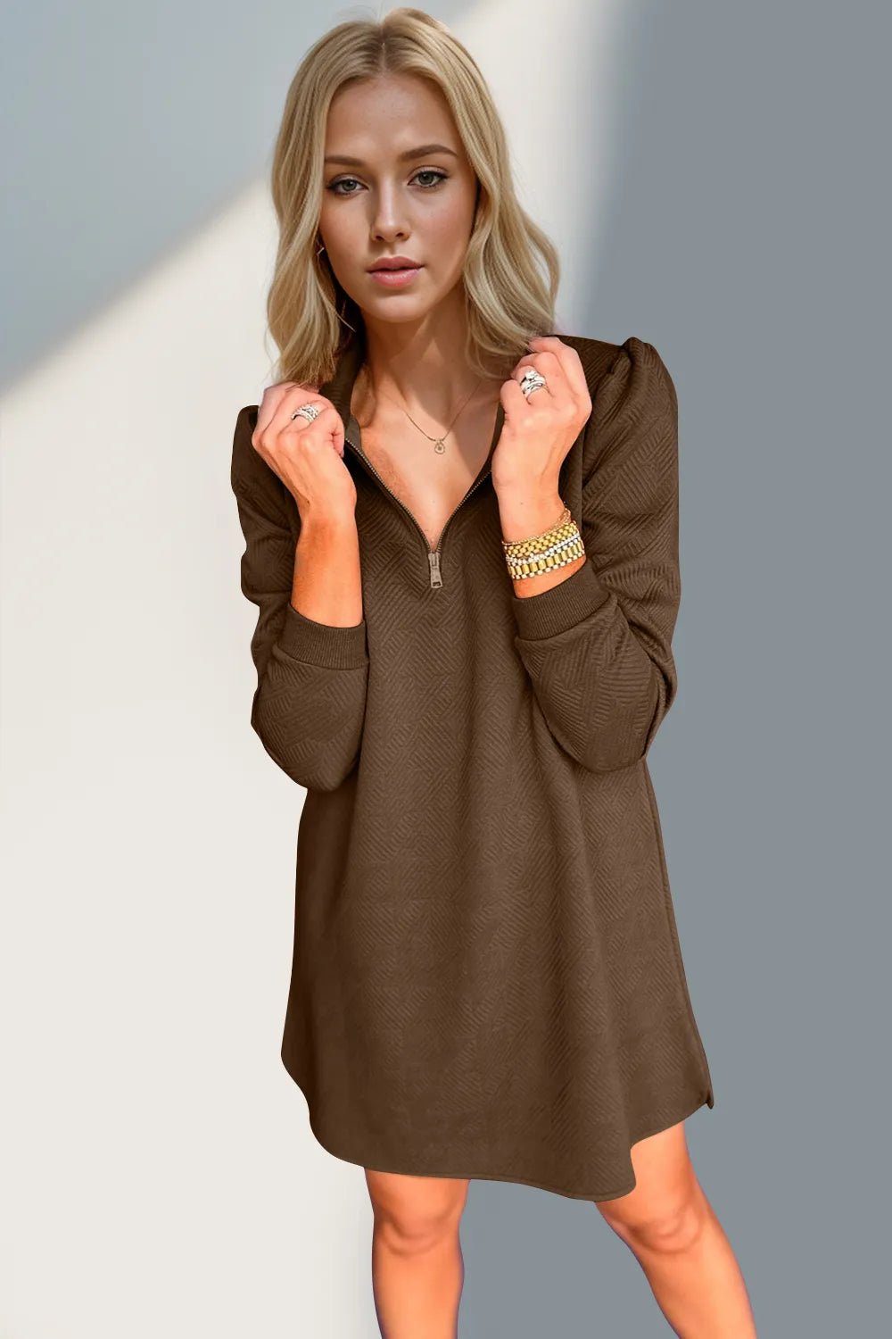 Double Take Textured Quarter Zip Long Sleeve Dress - ELC Fashion