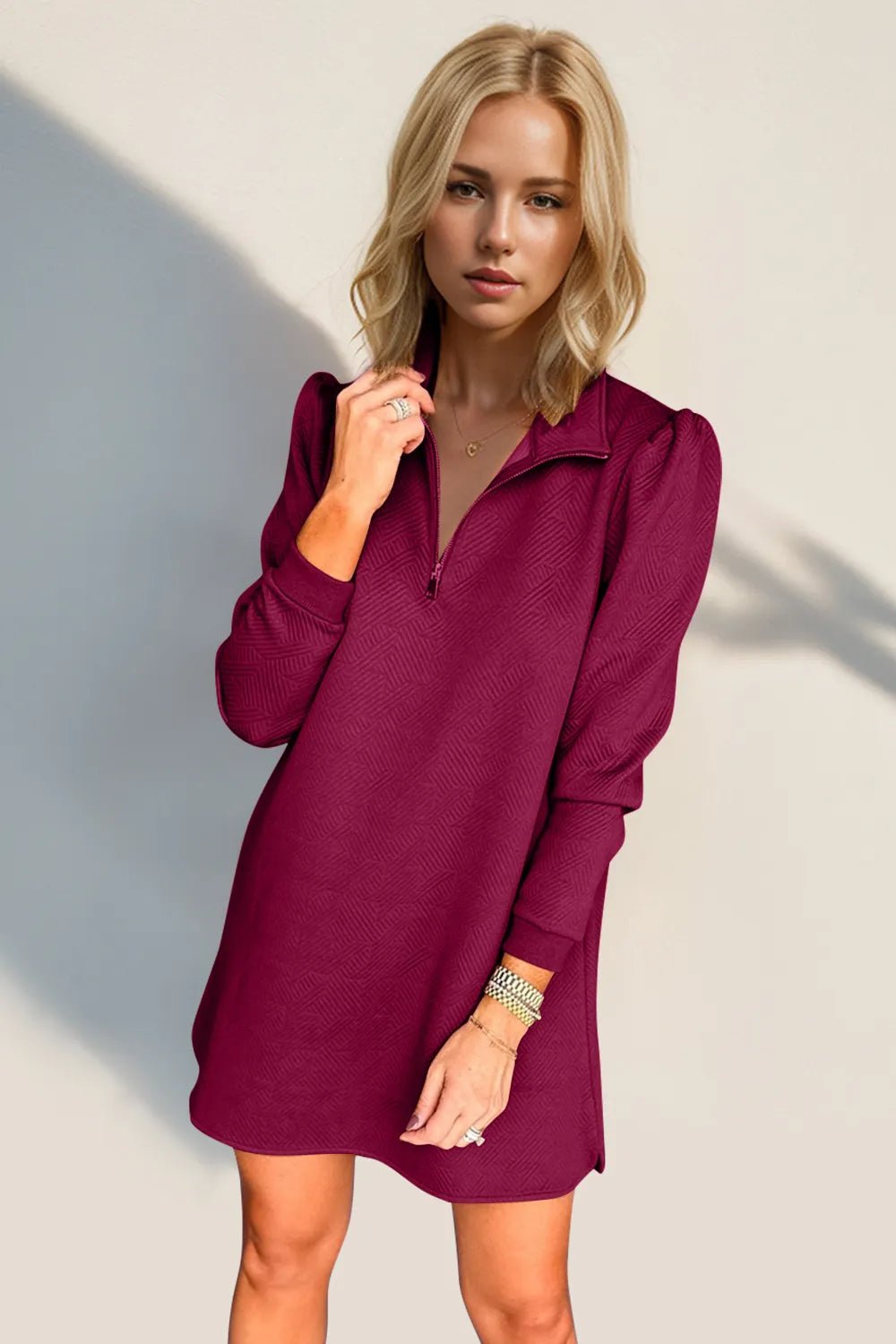 Double Take Textured Quarter Zip Long Sleeve Dress - ELC Fashion