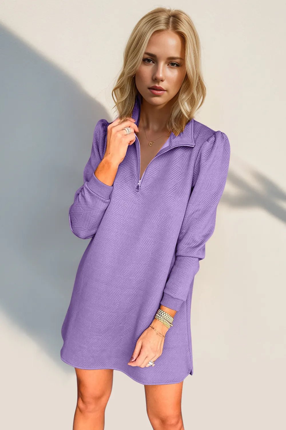 Double Take Textured Quarter Zip Long Sleeve Dress - ELC Fashion