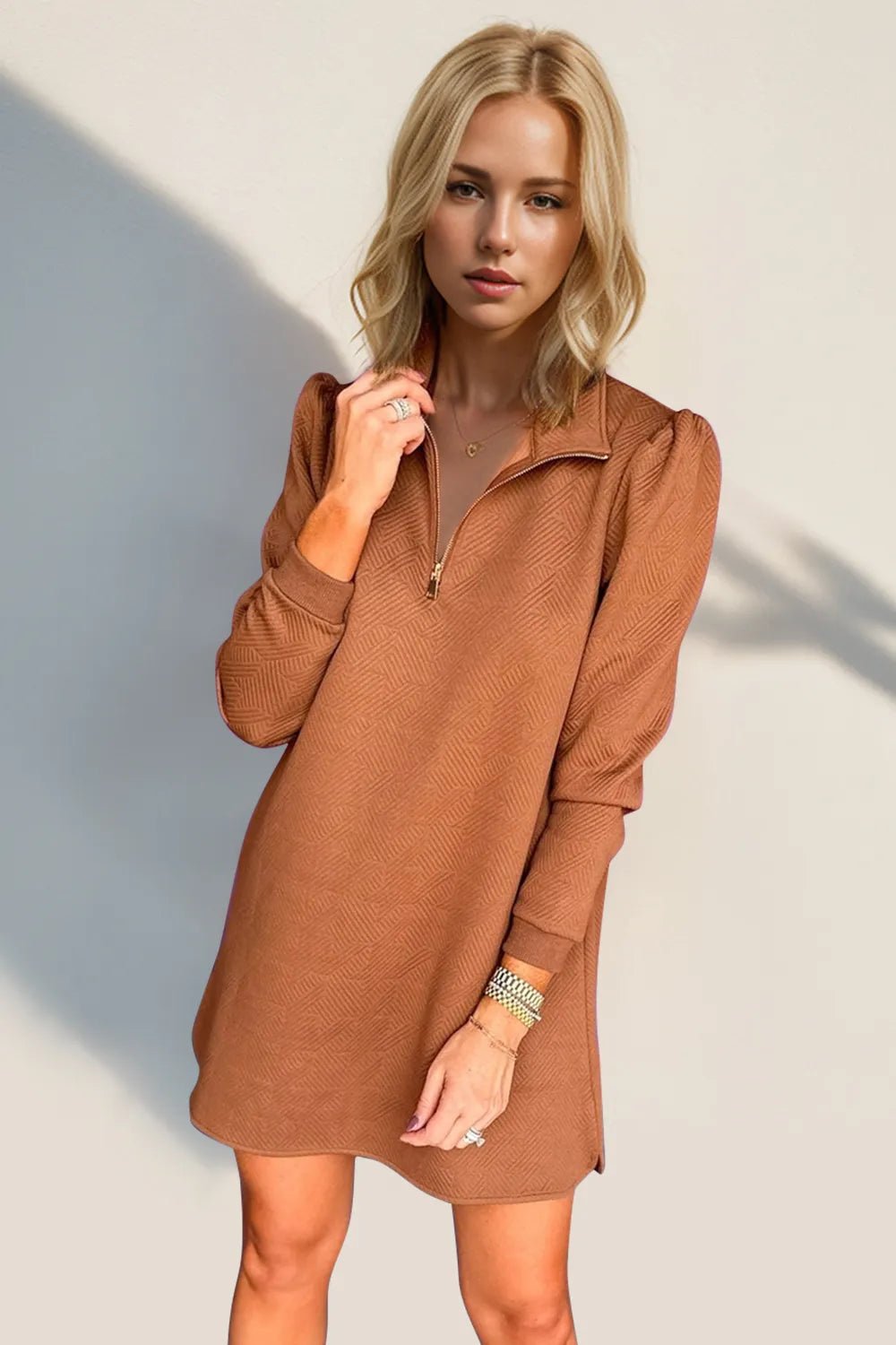 Double Take Textured Quarter Zip Long Sleeve Dress - ELC Fashion