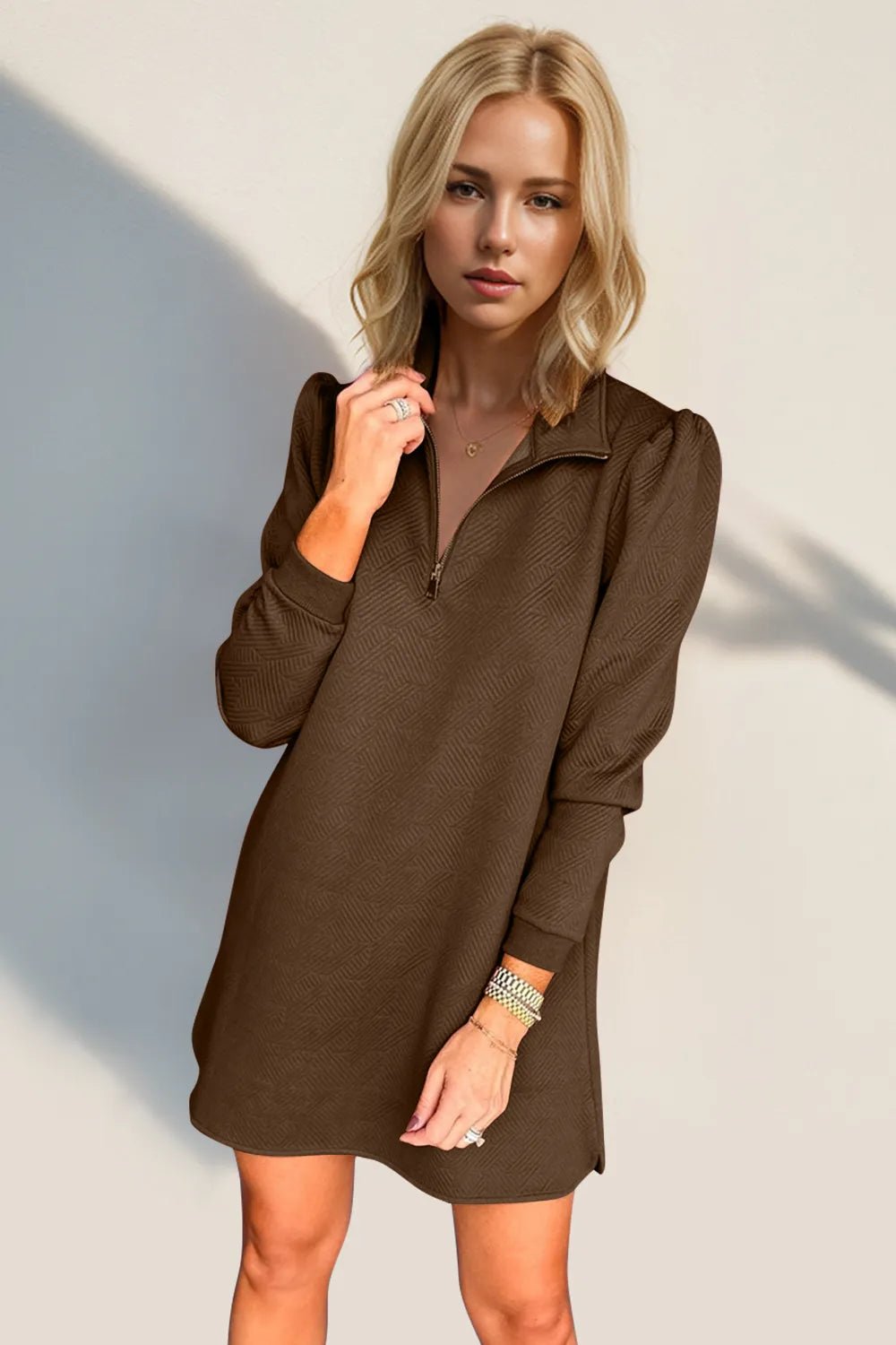Double Take Textured Quarter Zip Long Sleeve Dress - ELC Fashion