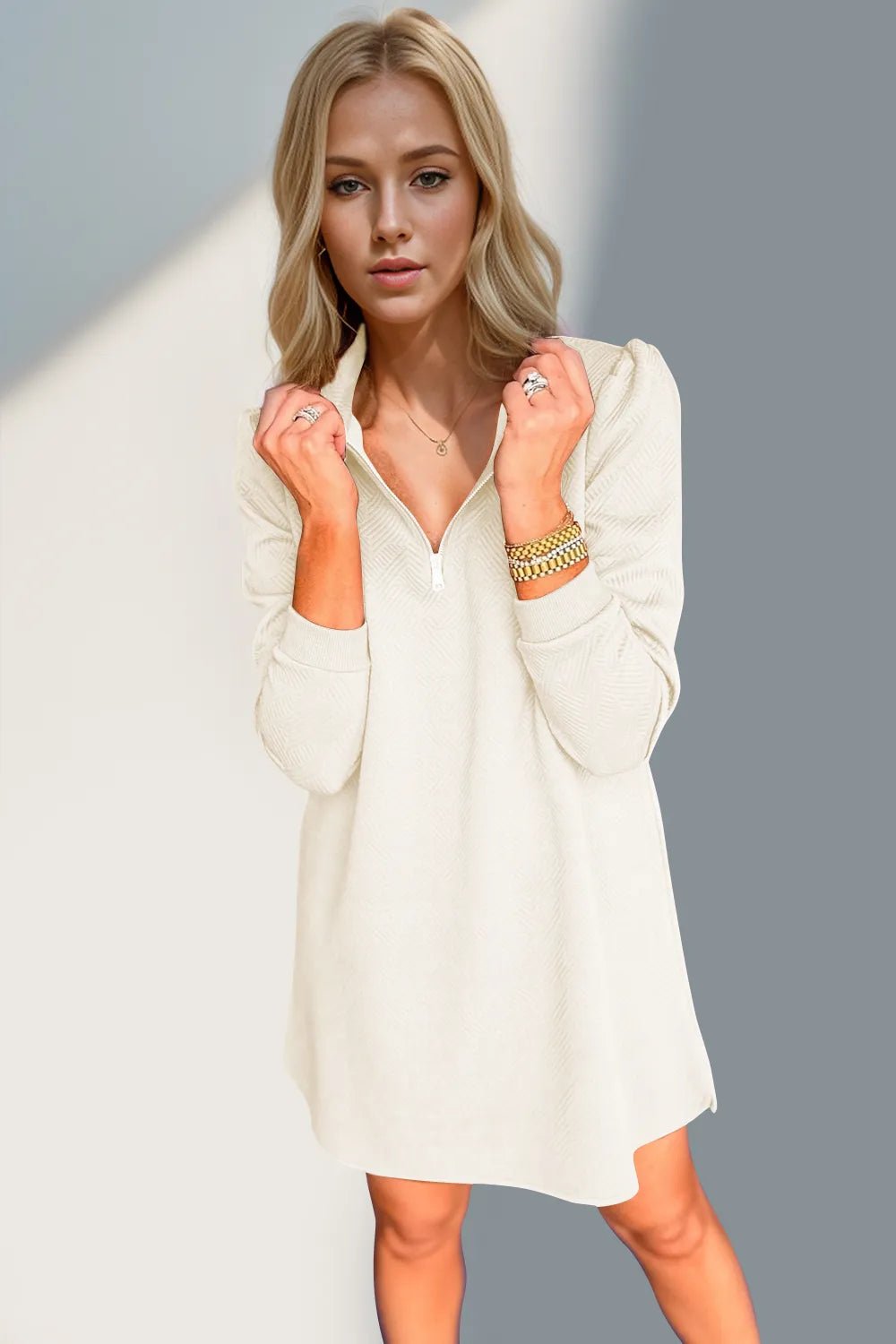 Double Take Textured Quarter Zip Long Sleeve Dress - ELC Fashion