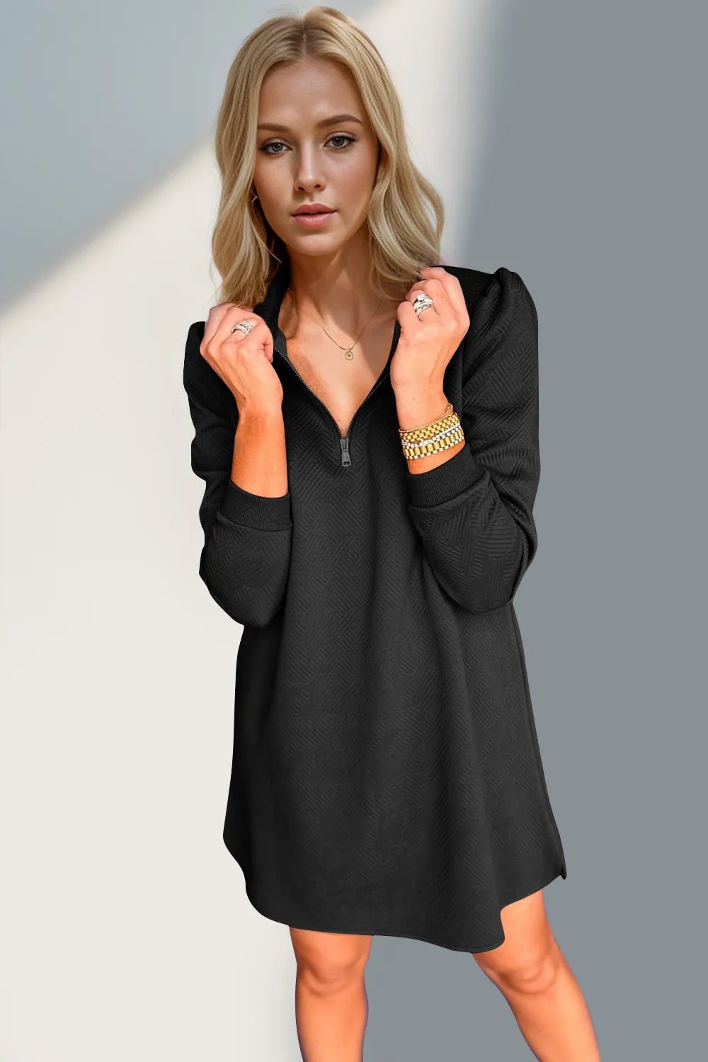 Double Take Textured Quarter Zip Long Sleeve Dress - ELC Fashion