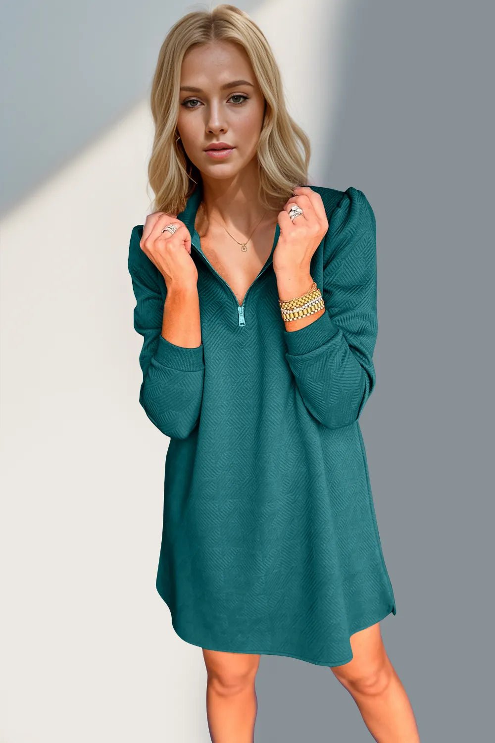 Double Take Textured Quarter Zip Long Sleeve Dress - ELC Fashion