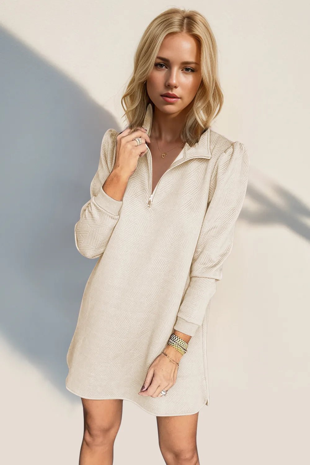 Double Take Textured Quarter Zip Long Sleeve Dress - ELC Fashion