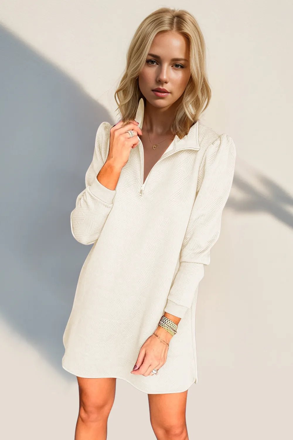 Double Take Textured Quarter Zip Long Sleeve Dress - ELC Fashion