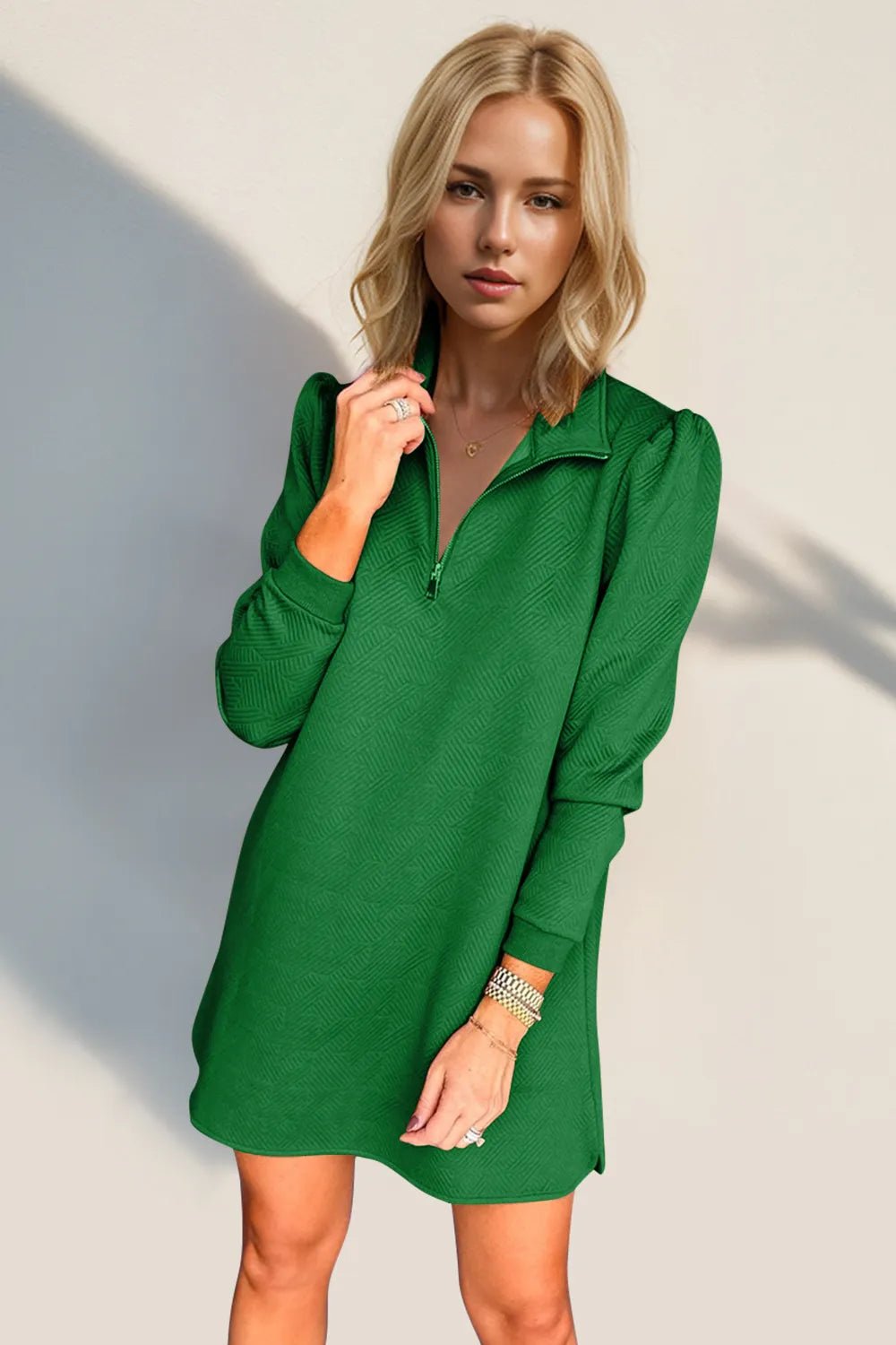 Double Take Textured Quarter Zip Long Sleeve Dress - ELC Fashion