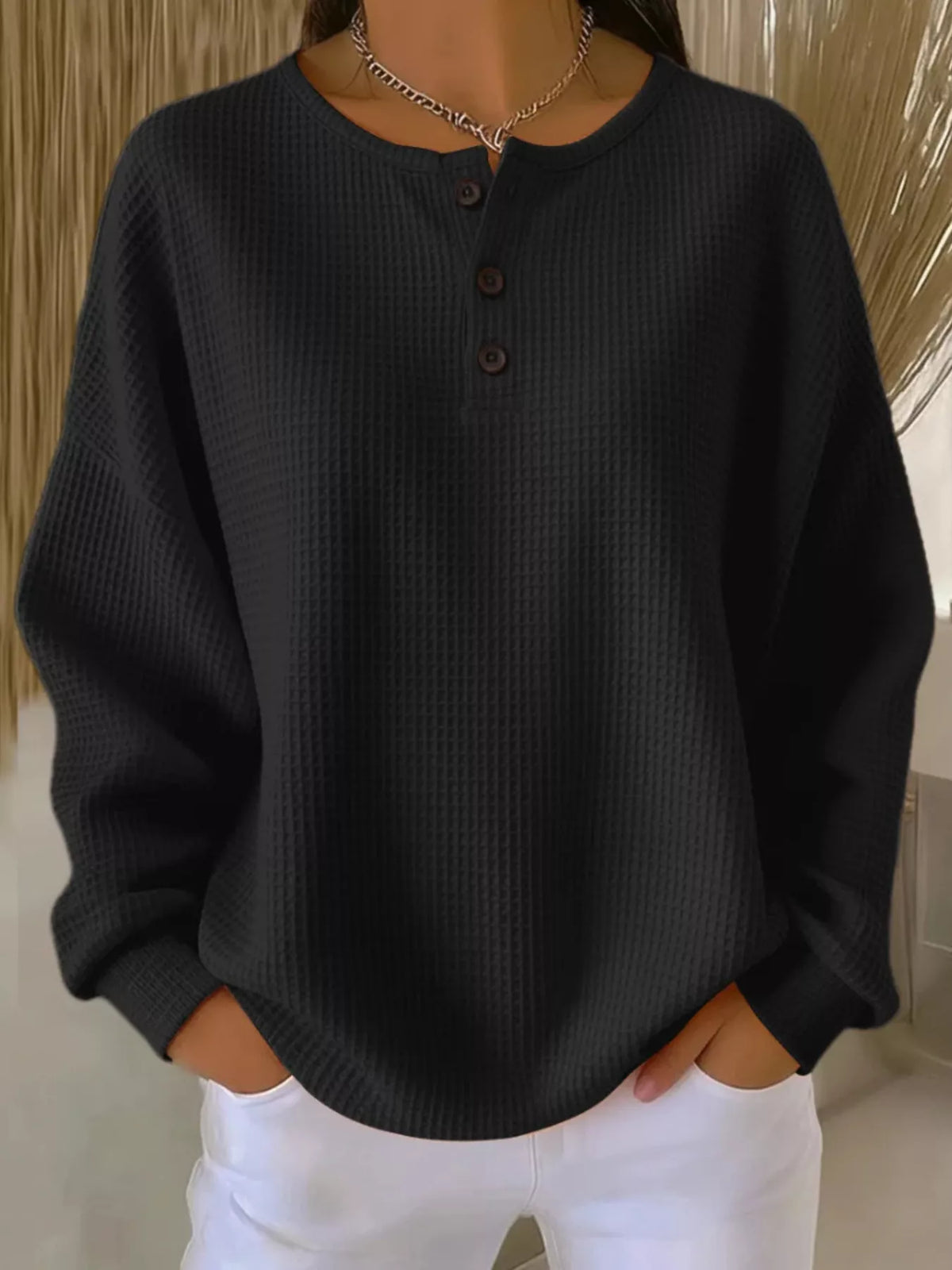 Textured waffle knit long sleeve top