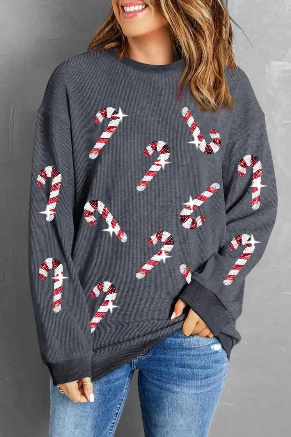 ELC Atelier Refined Sequin Candy Cane Round Neck Sweatshirt — Prestige Edit - ELC Fashion