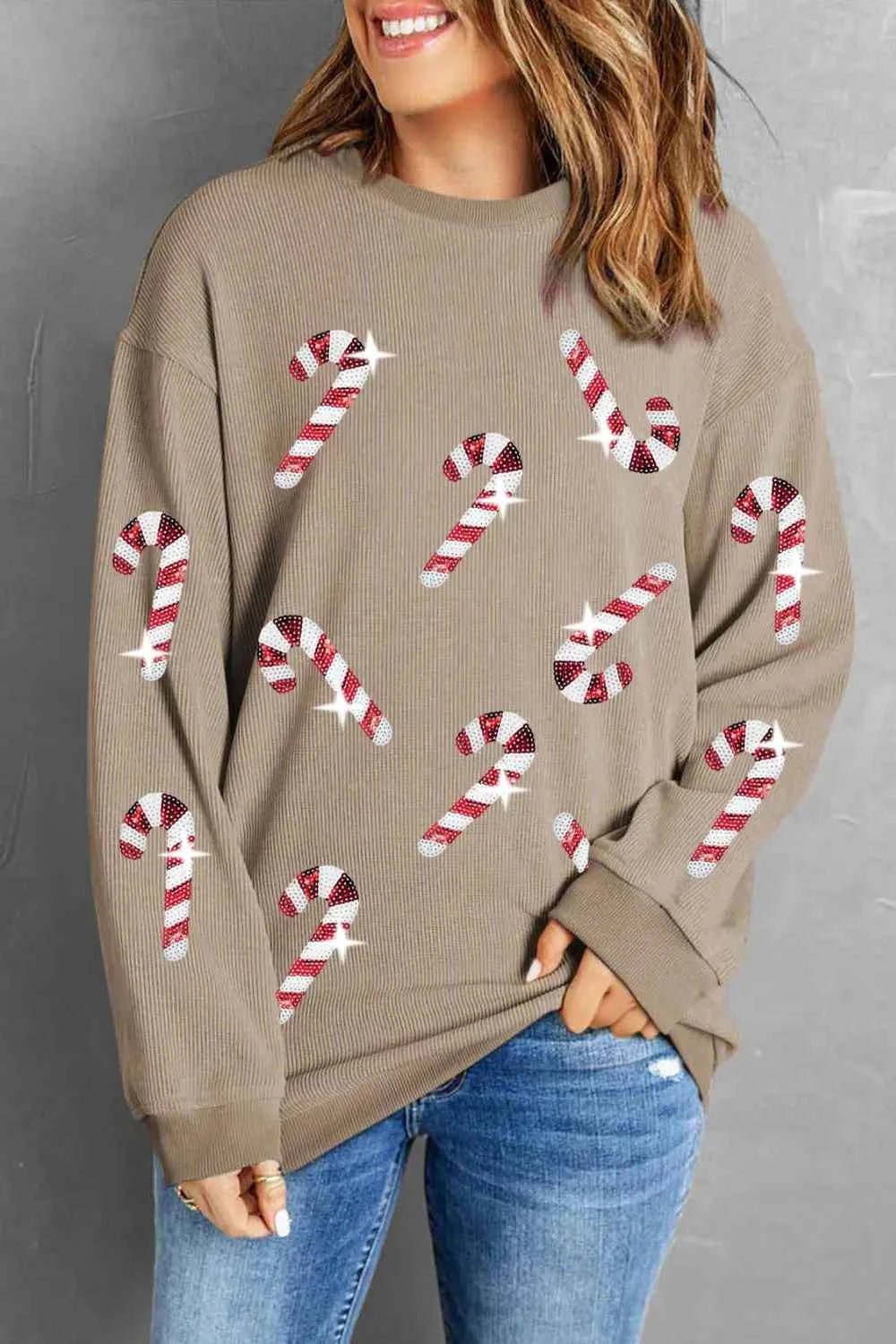 ELC Atelier Refined Sequin Candy Cane Round Neck Sweatshirt — Prestige Edit - ELC Fashion