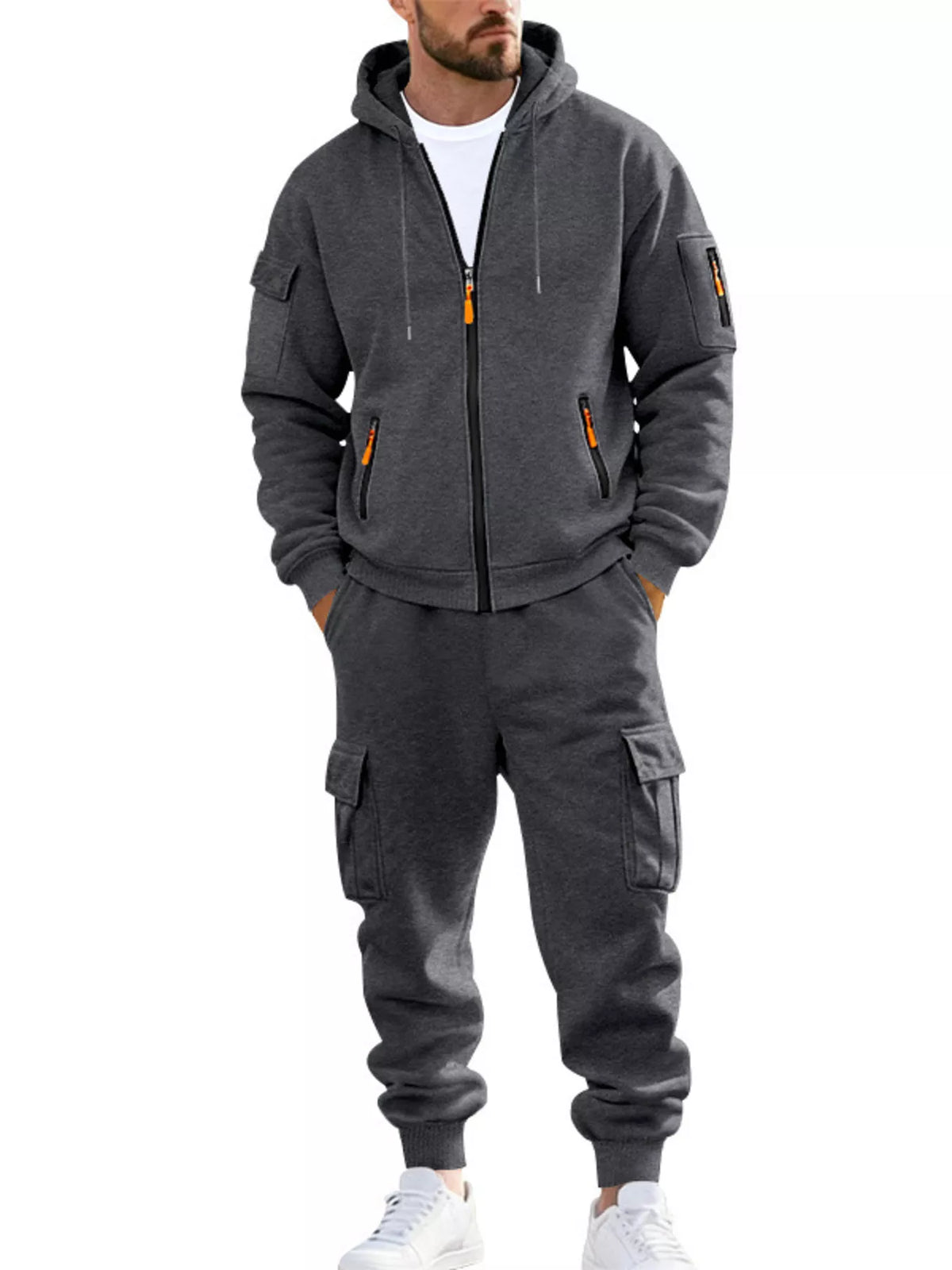 Men's plus size hoodie and cargo pants set pocket detail
